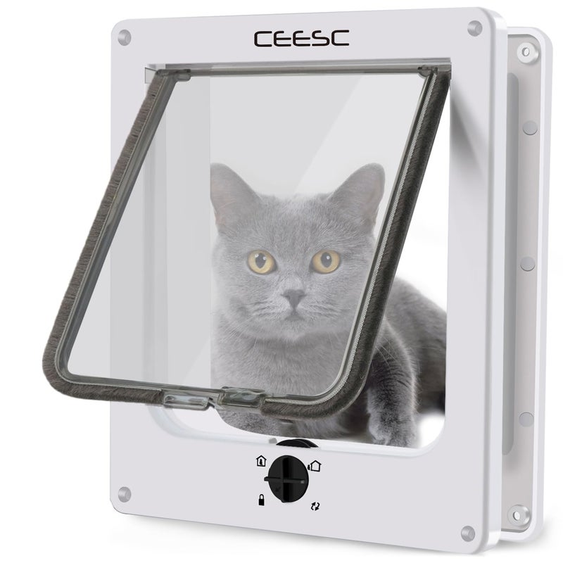 CEESC Large Cat Door for Interior/Exterior Door, Weatherproof, White, Rotary 4 Way Locking Pet Door for Cats & Dogs with Circumference < 23.62", Upgraded Version - Image 1